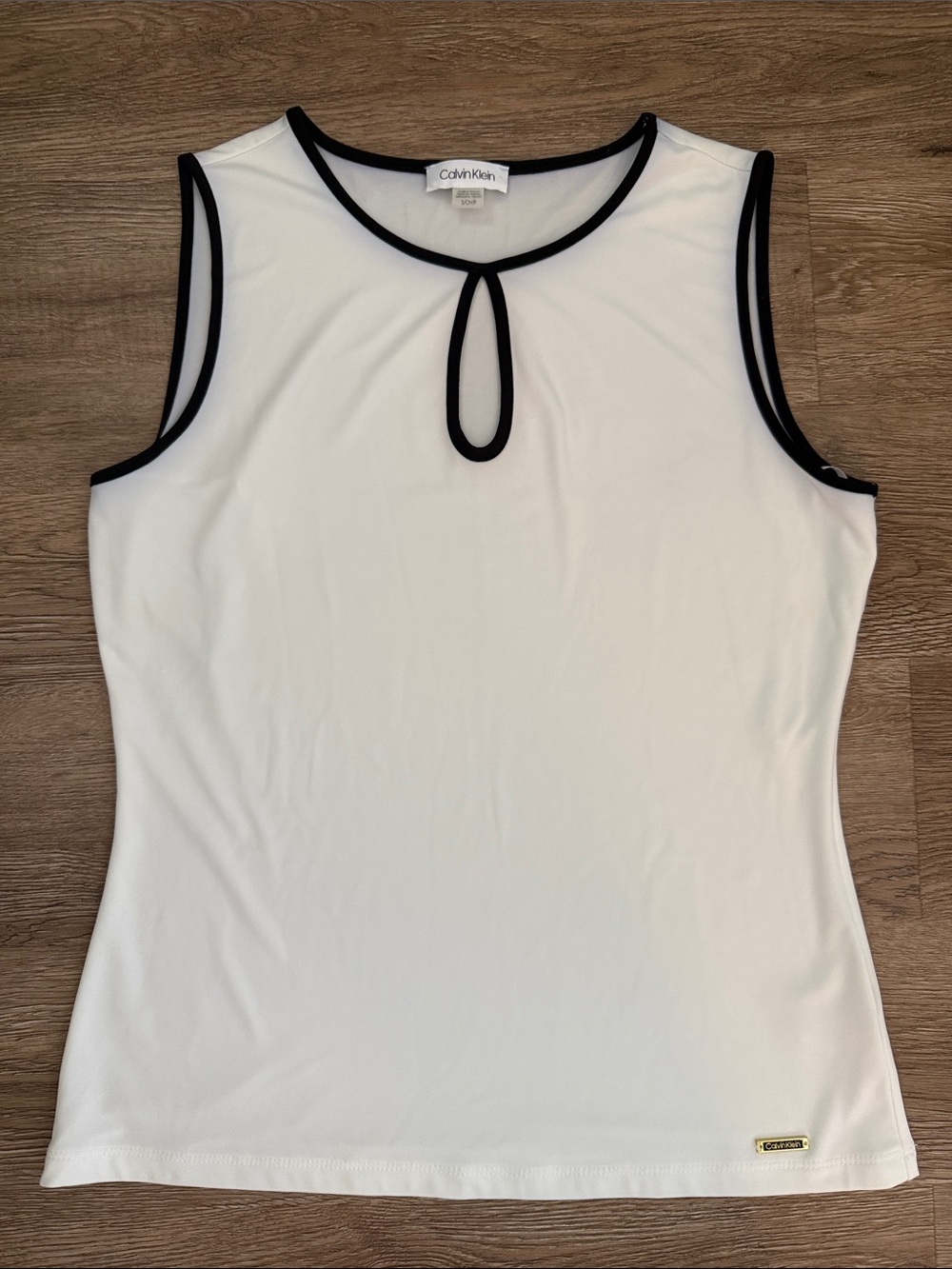 Calvin Klein White Sleeveless Tank with Black Trim and Keyhole